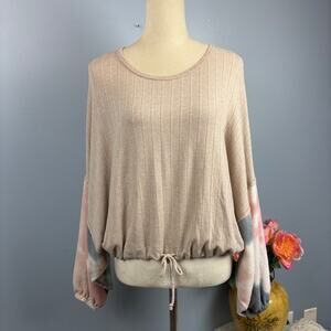 Vintage Havana Ribbed Knit Oversized Dolman Sleeve Blouse Top Tie Front Tie Dye